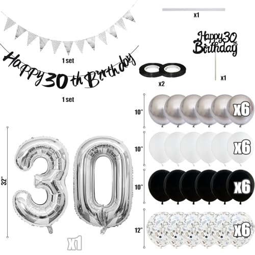 Image of 30th Birthday Decorations for Men, Black Silver 30th Birthday Balloons with Black Happy 30th Banner 30 Cake Topper Decor Number 30 Balloon for Women 30th Party Decoration