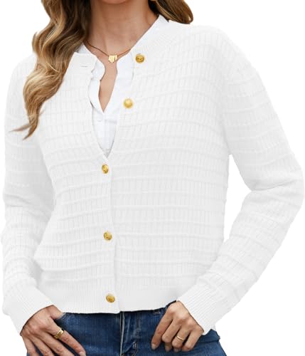 Zmnfewx Women's Cardigan Sweater Button Front Long Sleeve Cozy Knit Casual Fall Winter Office Loungewear Comfortable Tunic White