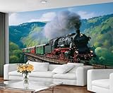 Vintage-Dampflokomotiv-Wandbild, malerische Gebirgsbahn-Tapete für das Wohnzimmer, Retro-Lokomotiv-Wanddekoration 400x280cm (Nicht selbstklebend)