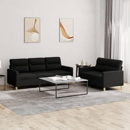2-TLG. Sofagarnitur mit Kissen Schwarz Stoff,Hohe Qualität Wohnlandschaft mit 2er und 3er Sofa in Schwarz aus Stoff, bequem und robust Wohnzimmer, Sofas