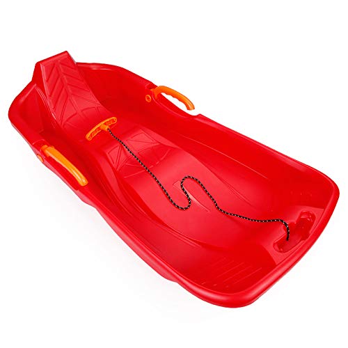 SLHLAWWE Jungen Mädchen Schneeschlitten Downhill Pull Schlitten Mit Bremsen Zugseil Verdickt Kunststoff Rodel Robuster Ski Schlitten Erwachsene Kinder Winter Schlittenbrett(Color:rot) Cover