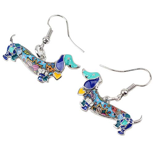Duowei Antique Gold/Silver Plated Cute Dachshund Earrings Dog Pet Dangle Drop Jewelry Gifts For Women Girls Kids (Blue) #TOP3