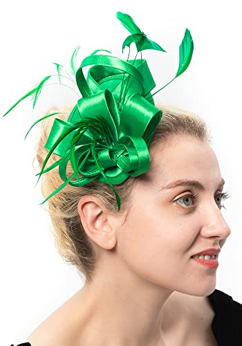 FELIZHOUSE Fascinator Hats for Women Ladies Feather Cocktail Tea Party Hats Bridal Headpieces Ascot Fascinator Headband (Satin Green)