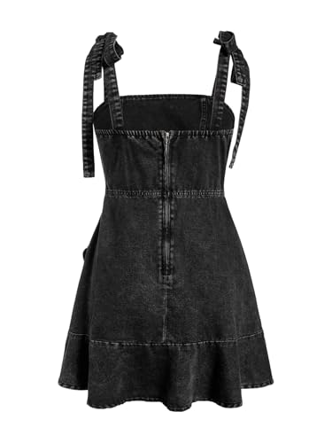 Image of SHENHE Women's Tie Shoulder Sleeveless Denim Mini Dress Layered Ruffle Hem Jean Dress