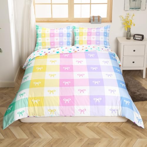 Girls Bowknot Duvet Cover Set Queen Size Colorful Bow Tie Bedding Set for Kids Girly Woman Room Decor Cartoon Watercolor Geometric Lattice Reversible Quilt Cover with 2 Pillowcases (No Comforter)