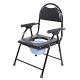 Stalen Postoel/douchestoel, opvouwbare badkamerstoel met emmer, gevoerde toiletstoel met rugleuning/armleuning, zwart, voor 130 kg