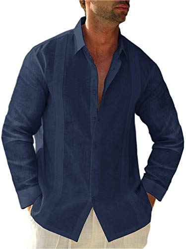 PASLTER Mens Long/Short Sleeve Shirt Cuban Camp Guayabera Linen Tunic Casual Button Down Beach Loose Fit Shirts
