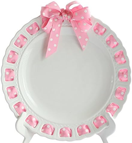 12" Round Ceramic Ribbon Plate with Pink/White Polka Dot Ribbon, Large, White