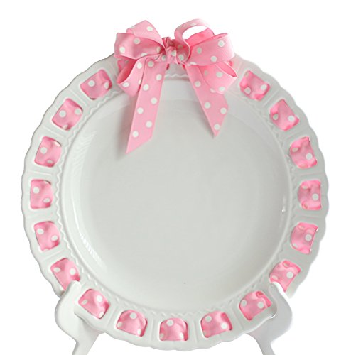 12" Round Ceramic Ribbon Plate with Pink/White Polka Dot Ribbon, Large, White