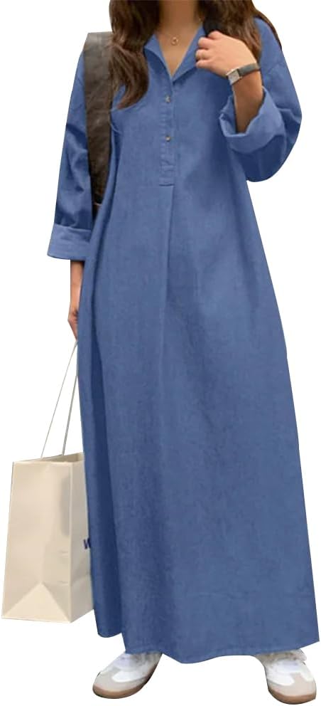 Plus Size Solid Maxi Denim Dress for Women Casual V Neck Button Down Flowy Long Sleeve Jean Dress with Pockets