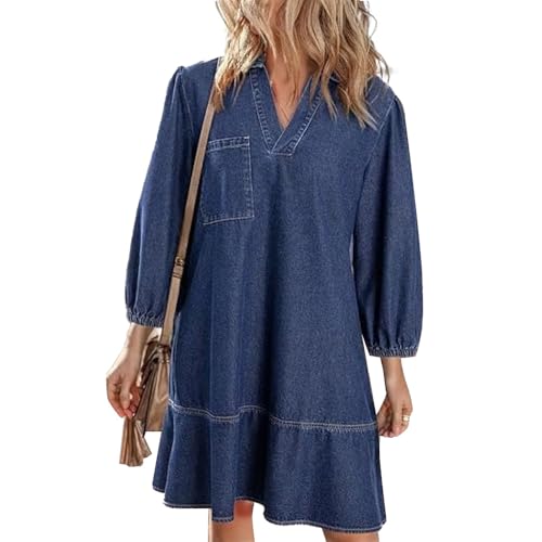 Women's V-Neck Denim Dress, 3/4 Sleeve Ruffle Loose Denim Dress A Line Flowy Mini Jean Dresses with Pockets (US, Alpha, X-Large, Regular, Regular, Dark Blue)