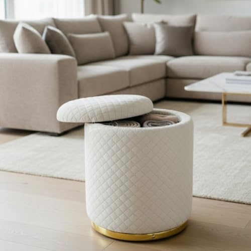 Image of Premium Round Storage Ottoman Stool 16 X 16X 19 inch, with Gold Metal Base | Luxury Pouffe with Hidden Storage | Cushioned Footrest for Living Room, Bedroom & Lounge Cream