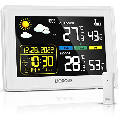LIORQUE Stations Météo et baromètres Intérieur Extérieur avec Capteur sans Fil DCF Thermomètre Hygromètre Station Meteo 6"Coloré LCD Snooze Réveil Météo Température Prévision Blanc Cover