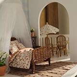 1:12 Handmade Wicker Dollhouse Bed with Pumpkin Floral 5-Piece Bedding Vintage Farmhouse for Fall Themed Rooms BJD/Ob11 Dolls Collectors Perfect Birthday