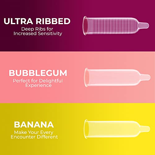 Nottyboy Mixed Variety Condoms Combo For Men - Ultra Ribbed For Better Stimulation, Extra Thin Banana And Bubblegum Flavored Condom For Oral, 30 Count #TOP1