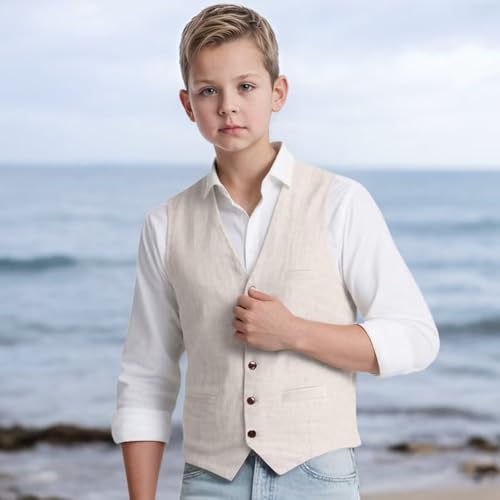 Boys Linen Vest for Kids Casual Summer Beach Waistcoat with Pocket Slim Fit Wedding Ring Bearer Outfit2