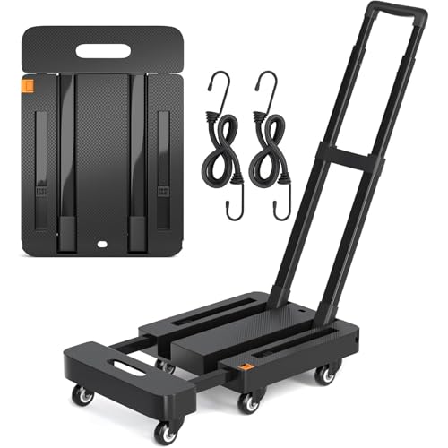 La Mejor Selección de Carrito de Mandado Plegable Top 5. 48 RUAKIVA Carro Plegable,Carro de Compras Resistente de 500 Libras con 2 Cordones Elásticos y 6 Ruedas,Adecuado para Compras,Transporte,Viajes y Oficina,Negro