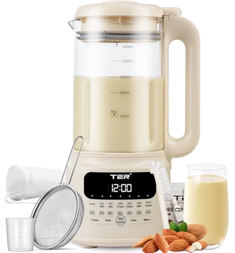 TER Nut Milk Maker Machine, 10-in-1 Soy Milk Maker for Almond/Oat/Soy Milk, Juice, Milkshake, Rice Paste, Auto Clean/24H Preset Time/12H Keep Warm, with 7 Accessories, Beige