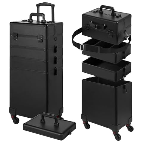 Somduy Rolling Makeup Case, Makeup Train Case with Lid, 5 in 1 Cosmetology Case on Wheels, Christmas Gift, Large Makeup Case Organizers, Profesional Cosmetic Case for Salon Barber, Black Cover