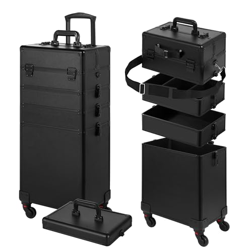 Somduy Rolling Makeup Case, Makeup Train Case with Lid, 5 in 1 Cosmetology Case on Wheels, Christmas Gift, Large Makeup Organizers, Profesional Cosmetic Case for Salon Barber, Black by Somduy - Used condition - US$104.60