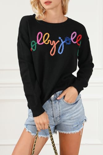 Image of LEMAFER Women 2026 Merry Christmas Round Neck Sequin Letters Sweater Casual Solid Slogan Long Sleeve Pullover Sweatshirt Tops