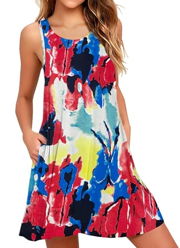 AUSELILY Boho Kleid Damen Kurz Urlaub Midi Ärmellos Swing Sommerkleid Mit Taschen Bunt,2XL