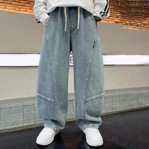 Boys Jeans Kids Wide Leg Denim Pants Streetwear Drawstring Elastic Waist Baggy Jean Trousers with Pockets2