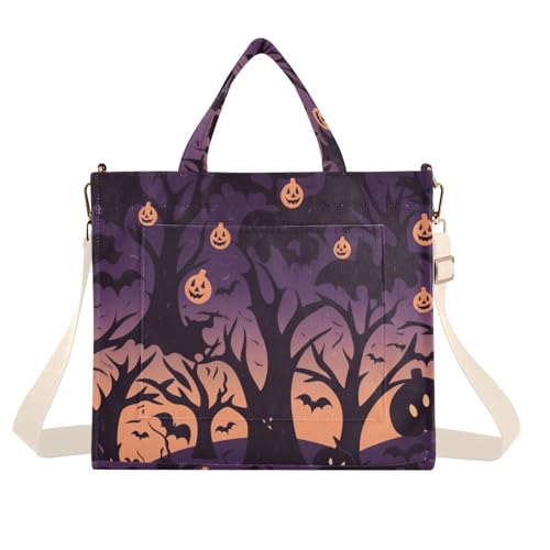 Halloween Forest Bat Corduroy Women Tote Bag, Handbag Purse with Detachable Strap Small Size