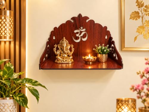 Wooden Wall Mounted Pooja Mandir Shelf with Om Design, 9x6 Inch