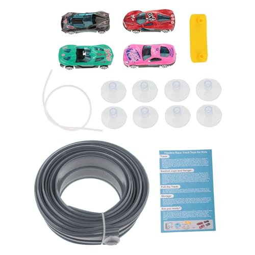 Pista de Coches Flexible de 15 pies (4.5 m) con Ventosas, 4 Coches de Aleación, Juguete de Carreras para Niños