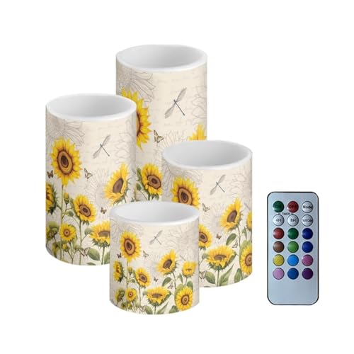 Image of Flameless LED Candles Electric Candle Set with Remote Timer Color Changing Control Long Lasting for Table Centerpiece Home Indoor Decoration Pack of 4, Sunflower Dragonfly Retro