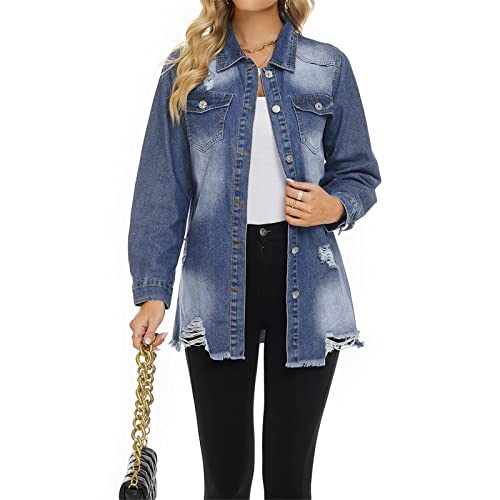 Women Denim Shirt Jacket Long Sleeve Shacket Coat Distressed Washed Ripped Frayed Hem Jean Jacket2