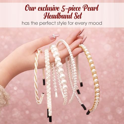 Image of GLUN Pearl Hair Band Set of 5 Different Design for Women & Girls, Elegant Pearl Headbands with Metal Frame, Stylish Hair Accessories for Party, Wedding, Daily Wear