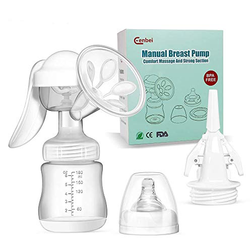 Eenbei Manual Breast Pump, Adjustable 2 Level Suction Feeding Pump, Breastmilk Storage Bag Adapter with Milk Bottle 6oz/180ml for Breast Milk Storing and Feeding