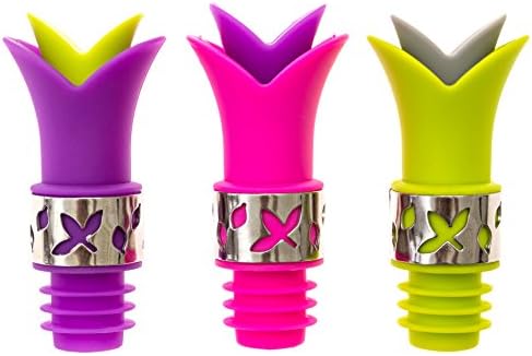 Sofie's Cottage Silicone Wine Stopper Pourer with Stainless Steel accent - Set of 3, Stopper Pourer for Glass Wine, Cooking Oil, Liqueur, or Flavoring Bottles (Purple Pink Green)
