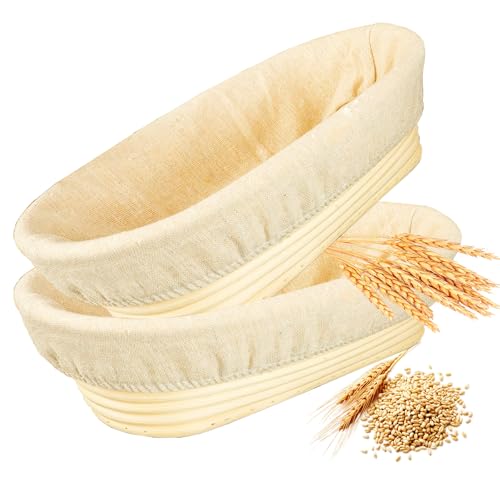 DeJivsin 2 piezas Banneton, Banetones para Pan, Cesta de Fermentación para Pan 25 cm, de ratán natural, Accesorios para Hornear, Tela de Lino para panaderos profesionales y caseros