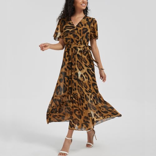 Women's Summer Bohemian Floral Chiffon Dress Cap Sleeve V Neck Ruffle Long Flowy Boho Casual Vacation Dresses4