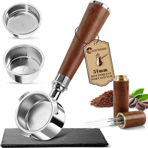 Espresso Bottomless Porte-filtre 51mm | Compatible avec DeLonghi Dedica EC680 / EC685 | Filtre à Café 51 mm avec poignée en noyer, 2 paniers inox,...