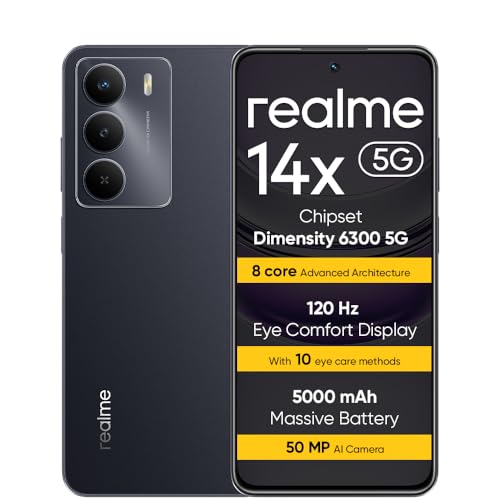 realme 14X 5G Smartphone 8+256 GB, 5G Dimensity 6300, 6.67' Pantalla Eye Comfort 120Hz, Resistencia a Impactos de Nivel Militar, Cámara con IA de 50 MP, Gran batería de 5000 mAh, Negro