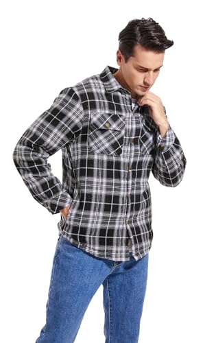 Image of Men's Sherpa Cotton Flannel Shirt Jacket Plaid Button Coat Pocket
