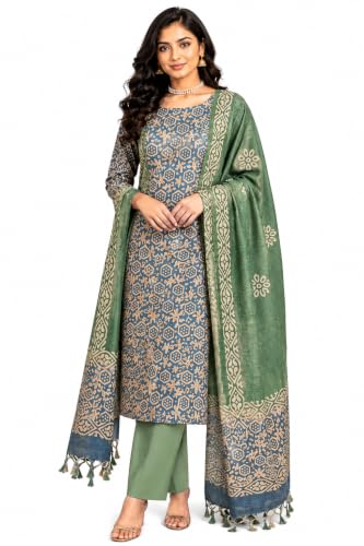 Image of HAIDER ALI AND SONS Handloom Cotton Silk Batik Print Unstitched Dress Material for Women with Dupatta | Bhagalpuri Suit Set | Salwar Suit Material | Festival, Party & Casual Wear