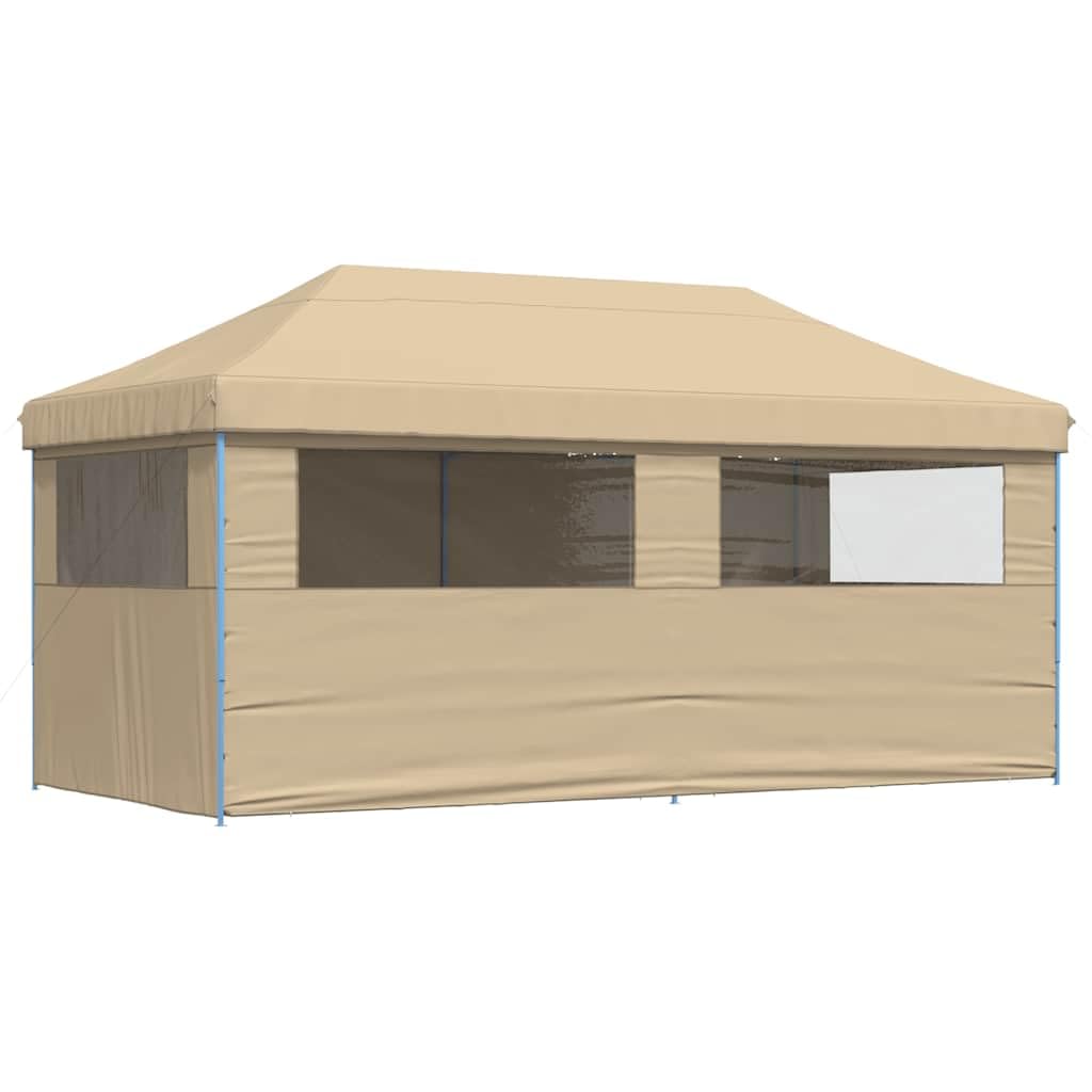 Tienda de campaña plegable de color beige con 4 paneles laterales y ventanas, ideal para eventos al aire libre como bodas, fiestas y festivales