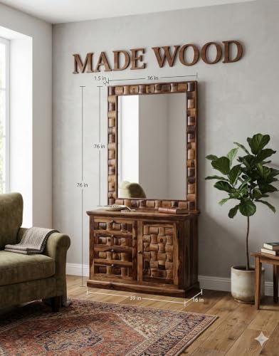 Image of MADE WOOD Solid Sheesham Wood Dressing Table with Mirror | 4 Drawer Makeup Vanity & Storage Organizer with Shelves | Bedroom & Living Room Furniture | Provincial Teak Finish