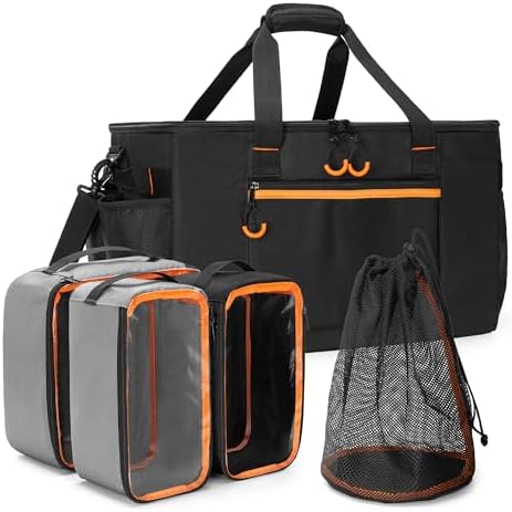Camping Gear Organizer, 3 Pcs Camping Packing Cubes and 1 Pcs Mesh Pocket with Carrying Bag for Kitchen Supplies, 5-in-one Tactical Travel Storage with Transparent Window for Car Trunk Patented Design