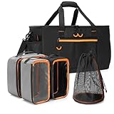 GRAOSO Camping Gear Organizer, 3 Pcs Camping Packing Cubes and 1 Pcs Mesh Pocket with Carrying Bag for Kitchen Supplies, 5-in-one Tactical Travel Storage with Transparent Window for Car Trunk, 45L