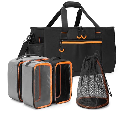Camping Gear Organizer, 3 Pcs Camping Packing Cubes and 1 Pcs Mesh Pocket with Carrying Bag for Kitchen Supplies, 5-in-one Tactical Travel Storage with Transparent Window for Car Trunk Patented Design