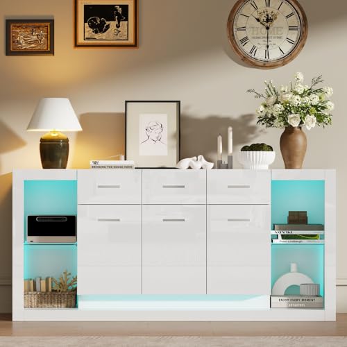 PUGSDRLY Buffet Blanc 160 x 40 x 75 cm, Meuble de Salon avec Bande Lumineuse LED et Trois tiroirs, Buffet Brillant avec Panneau de Base en Verre trempé