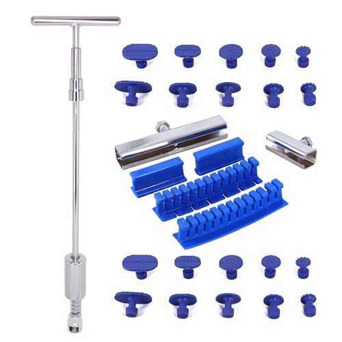 CZJCMECH Paintless Dent Repair Tool 2 in 1 Slide Hammer dent Puller Car Repair Tool Kit with 20 pcs Suction Dent Puller 2 Stainless Steel Grooves 4 Puller Lines