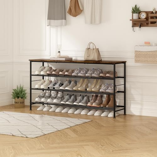 Image of SUOERNUO Shoe Rack Organizer 4 Tier for Closet Entryway Free Standing Metal Storage Shoe Shelf with MDF Top Board (Black+Rustic Brown, Large 4 Tier)