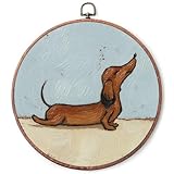 IDUXIY Vintage Dachshund Dog Wall Art Decor, Retro Wiener Dog Canvas Print Round Wall Hanging Decor, Framed, 10x10 Inch.(164)